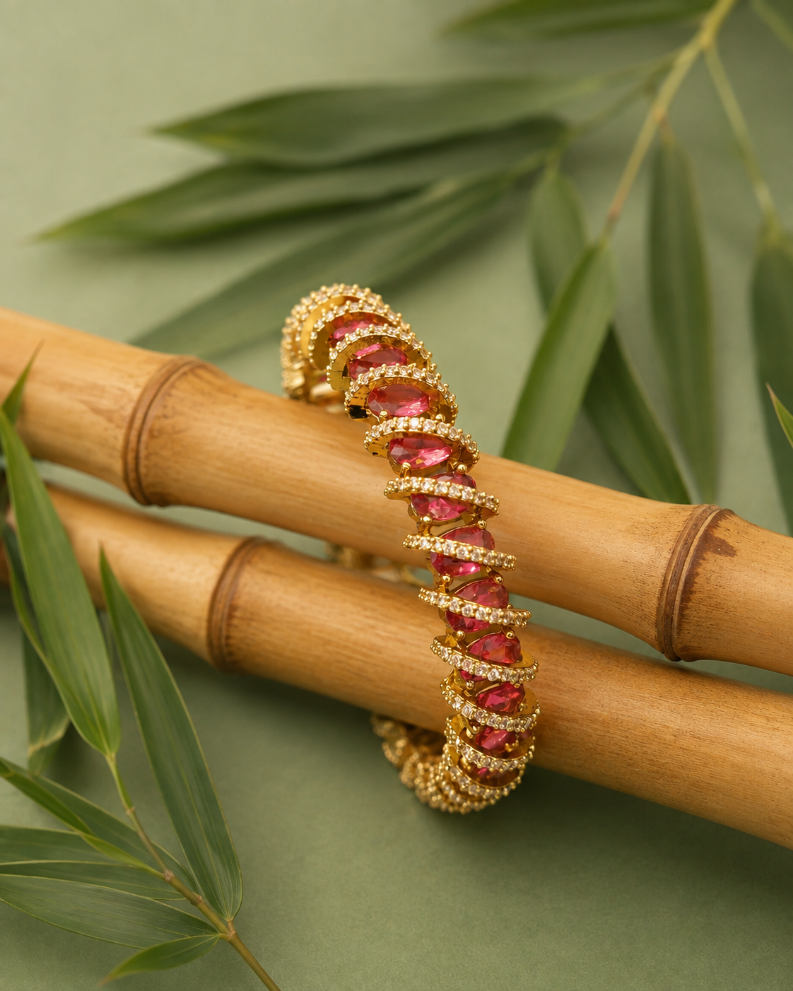 Gold CZ Ruby Marquise Tennis Bracelet with CZ-Paved Arched Links | ONK229