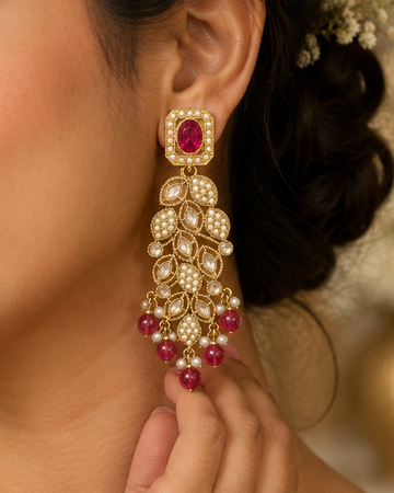Gold Ruby Pearl Leaf Cascade Earrings with Pink Drops | OLT115