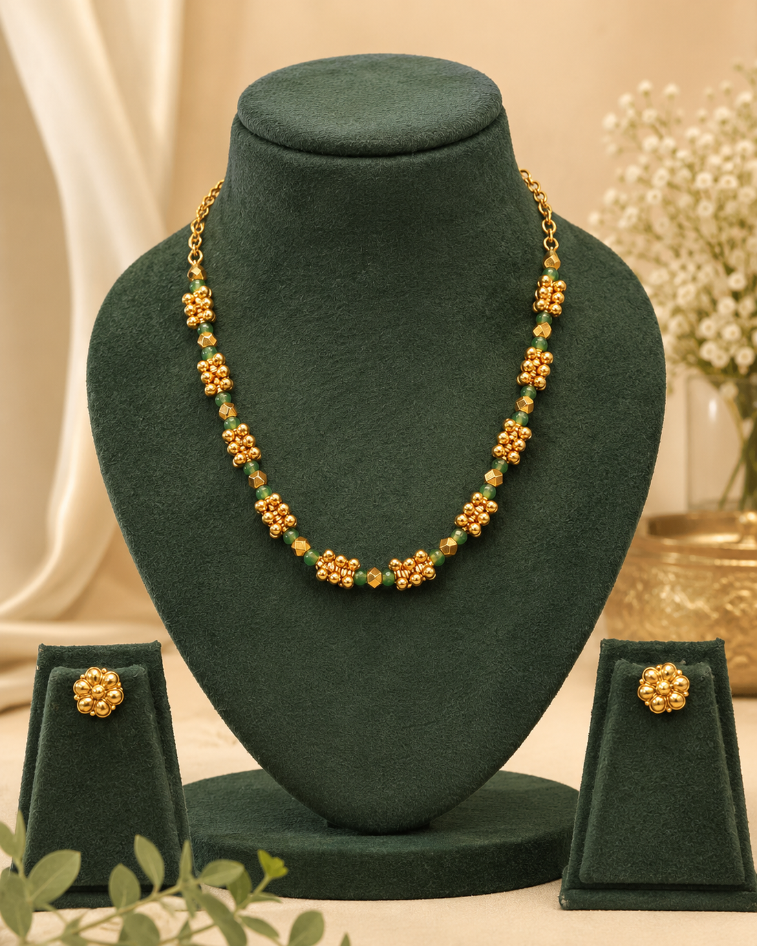 Gold Green Jade Bead Floral Cluster Necklace Set | ONK28