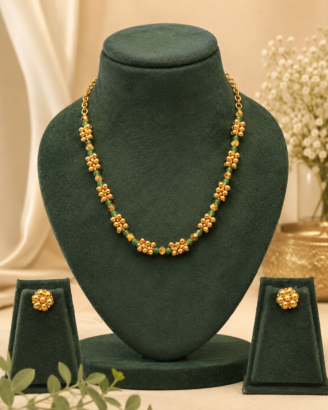 Gold Green Jade Bead Floral Cluster Necklace Set | ONK28