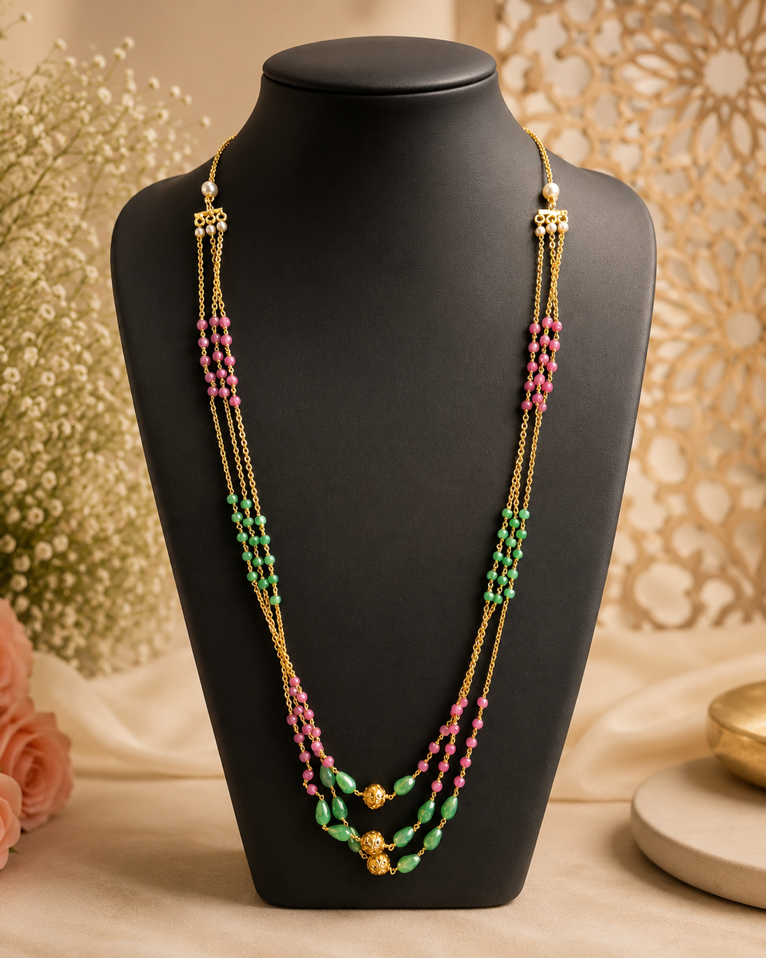 Gold Double-Strand Long Necklace with Pink & Emerald Beads & Gold Filigree Ball | LV1901