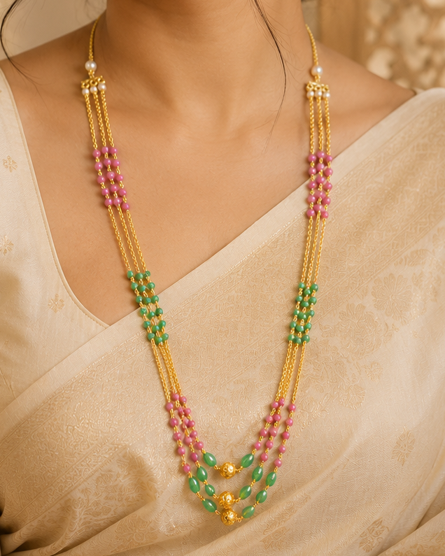 Gold Double-Strand Long Necklace with Pink & Emerald Beads & Gold Filigree Ball | LV1901