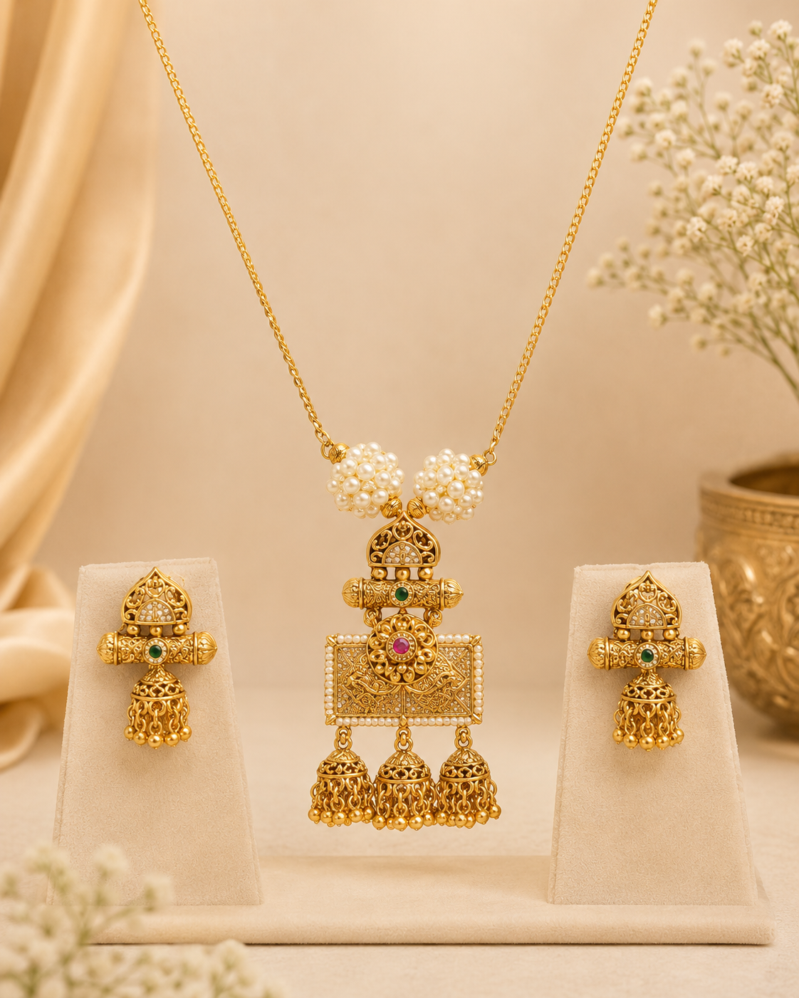 Antique Gold Temple Filigree Pendant Necklace Set | OLT40
