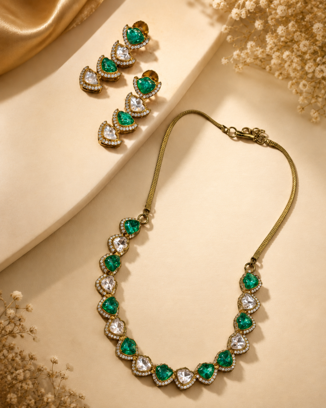 Antique Heart & Polki Teardrop Necklace Set with CZ Paved Border | AT302605422