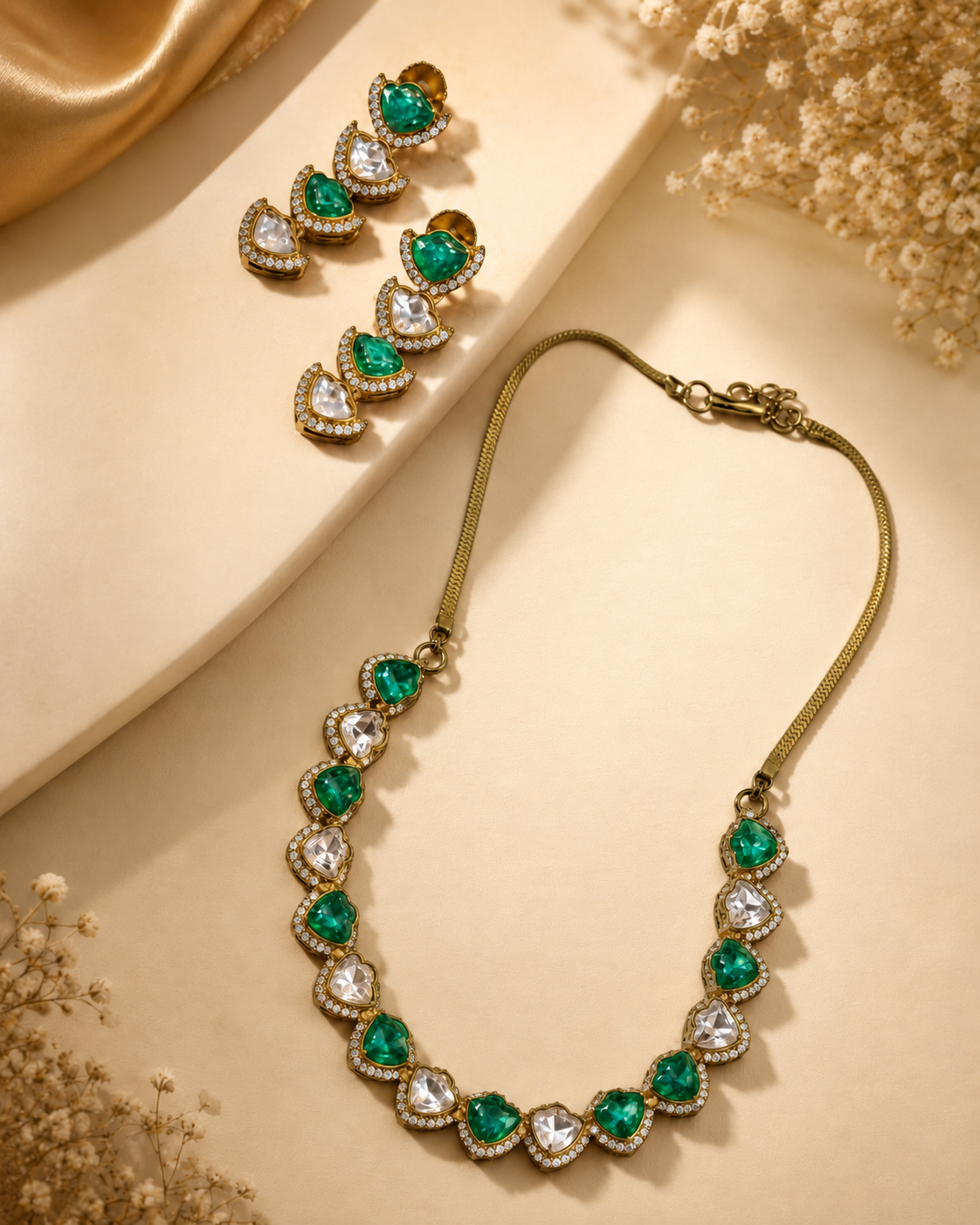 Antique Heart & Polki Teardrop Necklace Set with CZ Paved Border | AT302605422