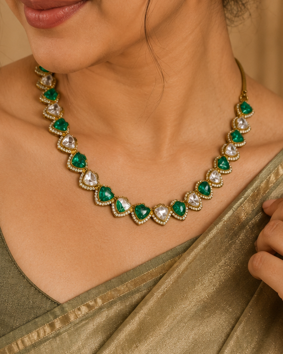 Antique Heart & Polki Teardrop Necklace Set with CZ Paved Border | AT302605422