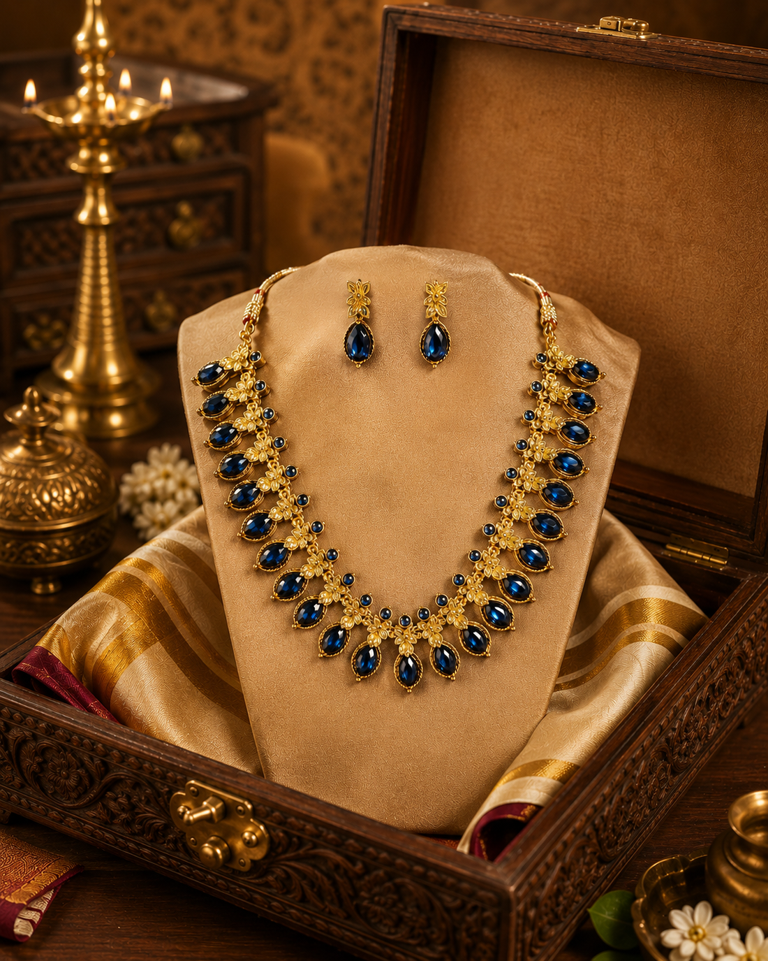 Antique Gold Blue Teardrop Necklace Set with Granule Floral Connectors | L11852