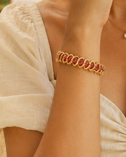 Gold CZ Ruby Marquise Tennis Bracelet with CZ-Paved Arched Links | ONK229