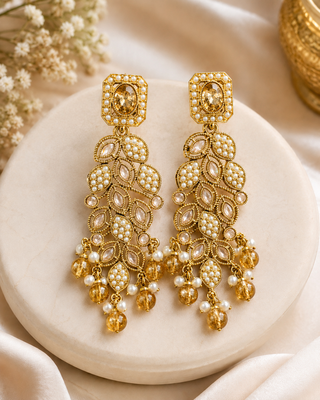 Gold Ruby Pearl Leaf Cascade Earrings with Pink Drops | OLT115