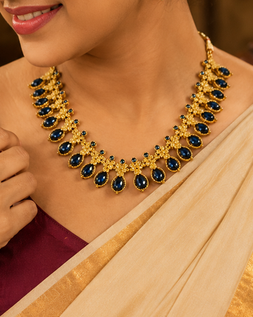 Antique Gold Blue Teardrop Necklace Set with Granule Floral Connectors | L11852