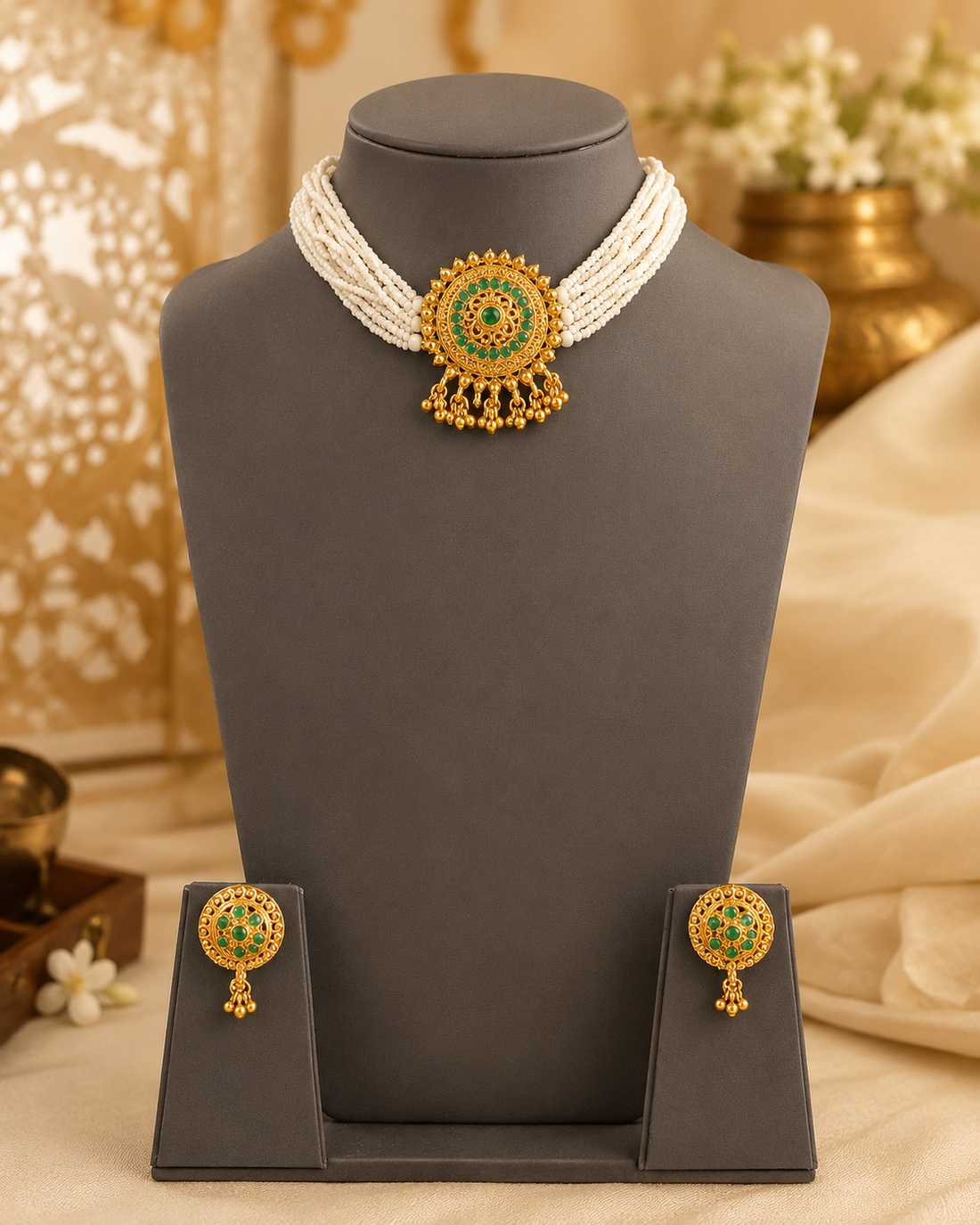 Gold Multi-Strand Pearl Choker with Round Emerald Pendant & Drop Earrings | T607