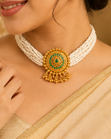 Gold Multi-Strand Pearl Choker with Round Emerald Pendant & Drop Earrings | T607