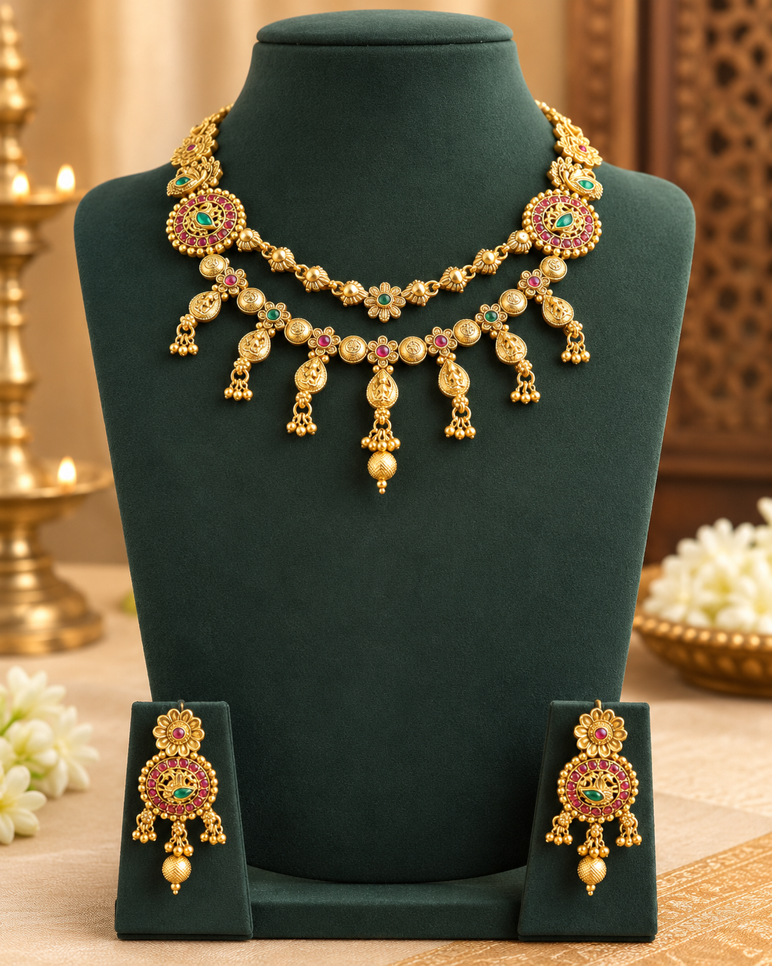 Antique Gold Double-Layer Necklace Set with Ruby Kemp Oval Disc | L23743