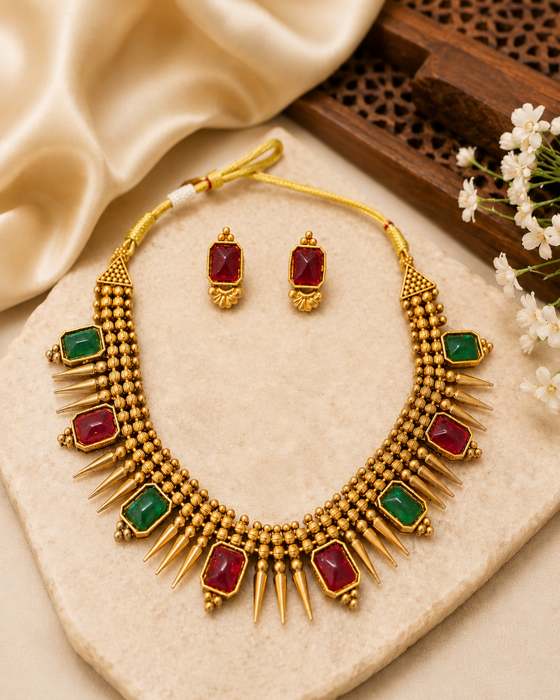 Antique Gold Necklace Set with Ruby & Emerald Square Kemp Stones | NKV56