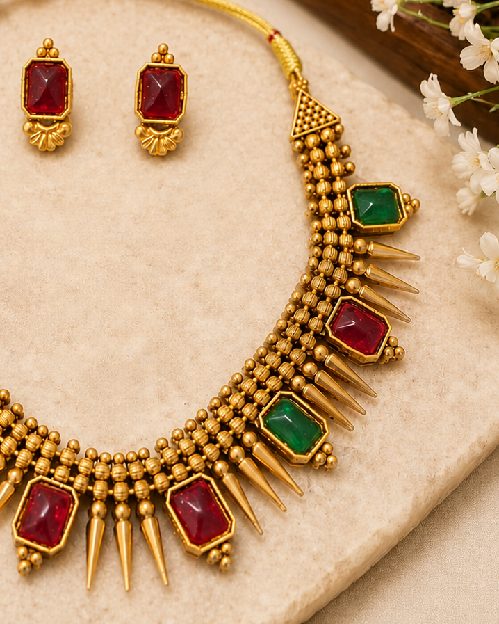 Antique Gold Necklace Set with Ruby & Emerald Square Kemp Stones | NKV56