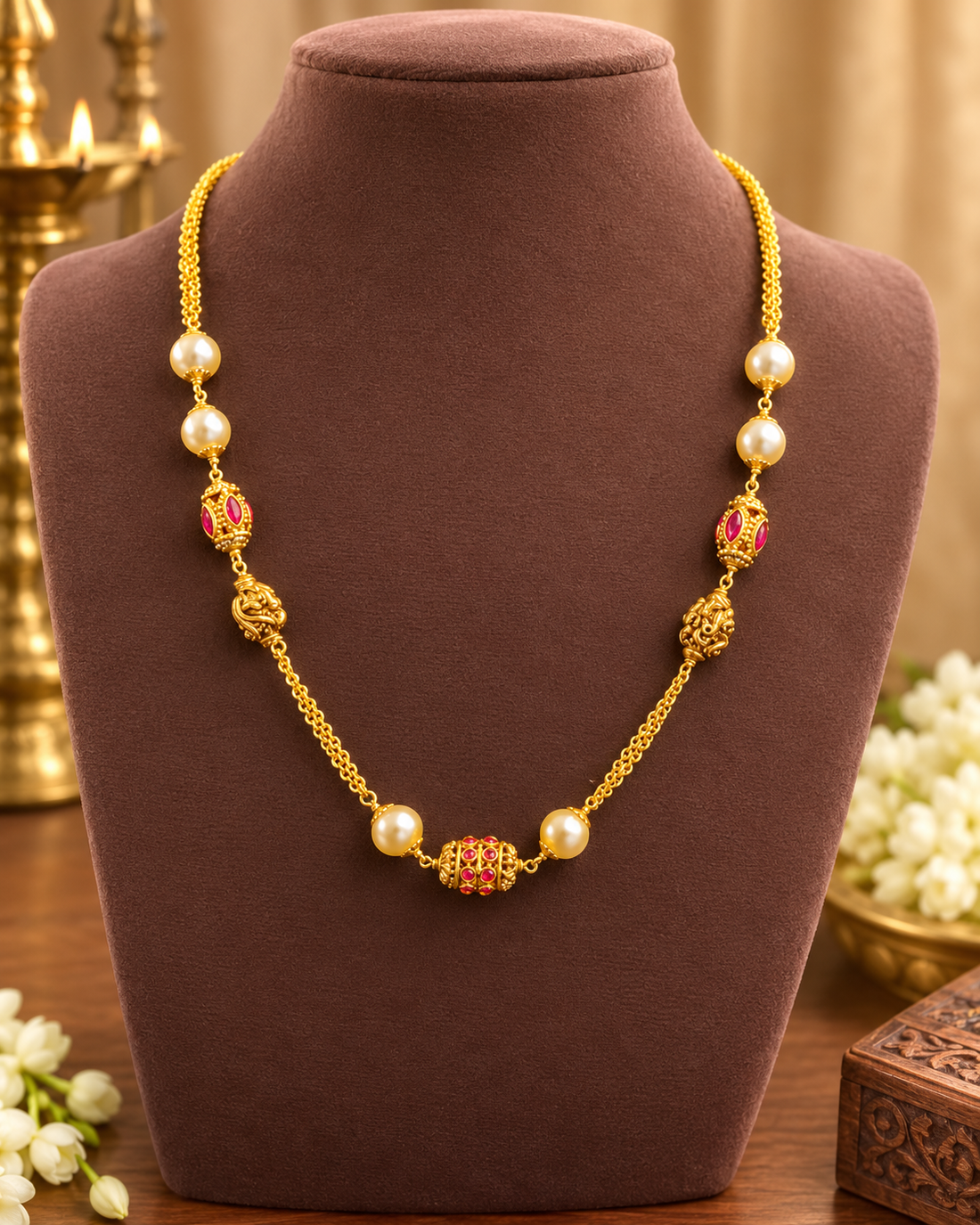 Gold Chain Necklace with Pearl, Ruby Kemp Oval & Gold Filigree Ball Beads | LV1911