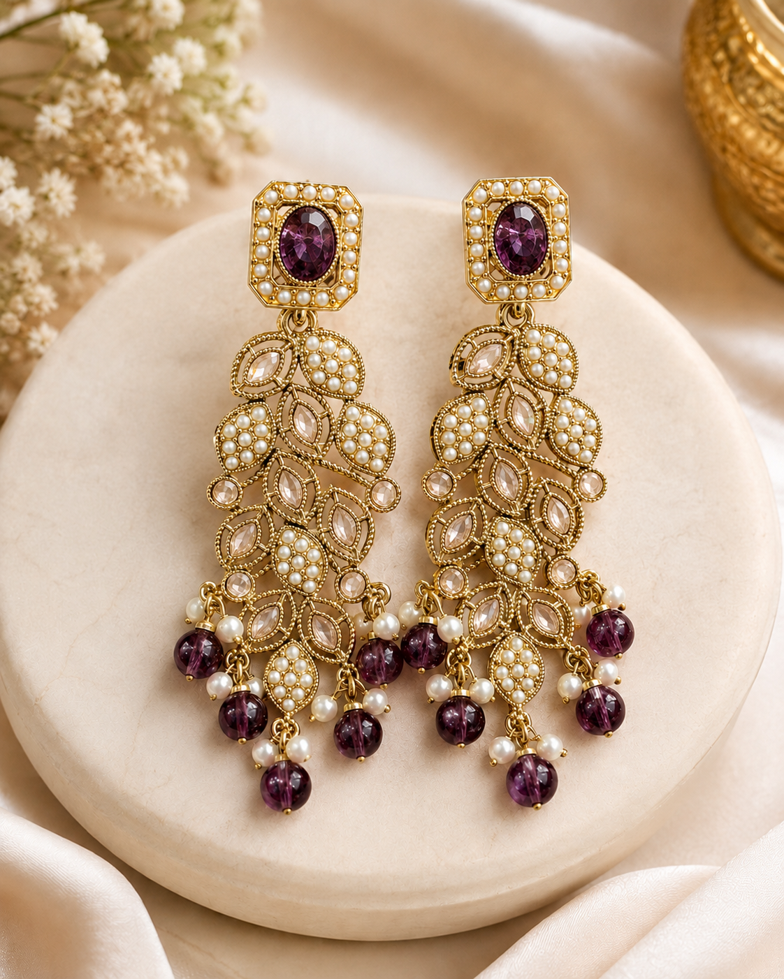 Gold Ruby Pearl Leaf Cascade Earrings with Pink Drops | OLT115