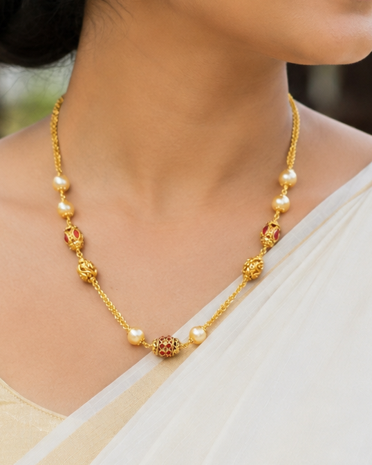 Gold Chain Necklace with Pearl, Ruby Kemp Oval & Gold Filigree Ball Beads | LV1911