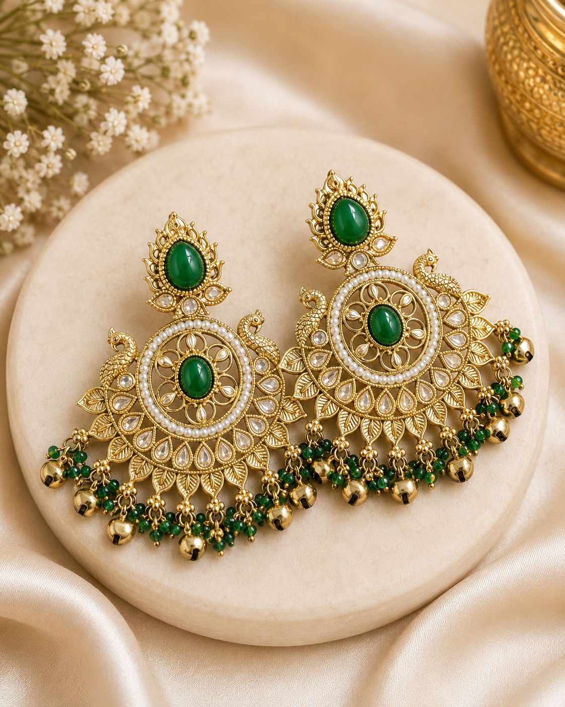 Gold Emerald Peacock Chandbali Earrings | OLT155