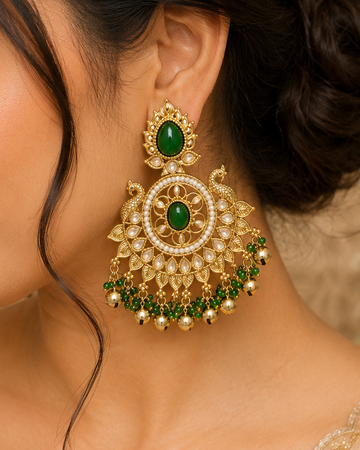 Gold Emerald Peacock Chandbali Earrings | OLT155