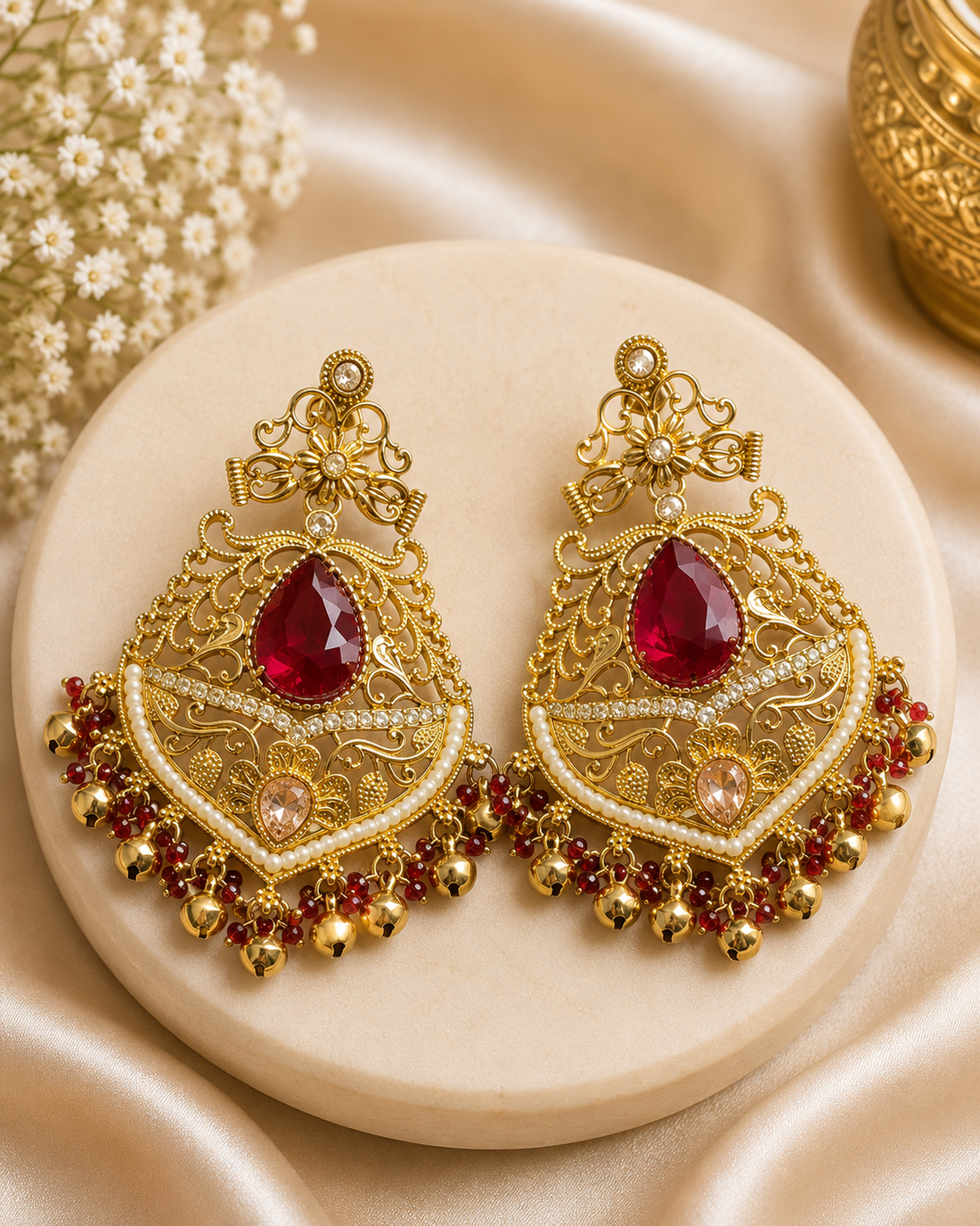 Gold Ruby Red Teardrop Filigree Chandbali Earrings | OLT155