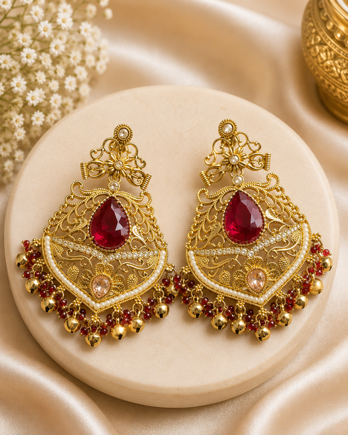 Gold Ruby Red Teardrop Filigree Chandbali Earrings | OLT155