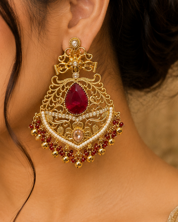 Gold Ruby Red Teardrop Filigree Chandbali Earrings | OLT155