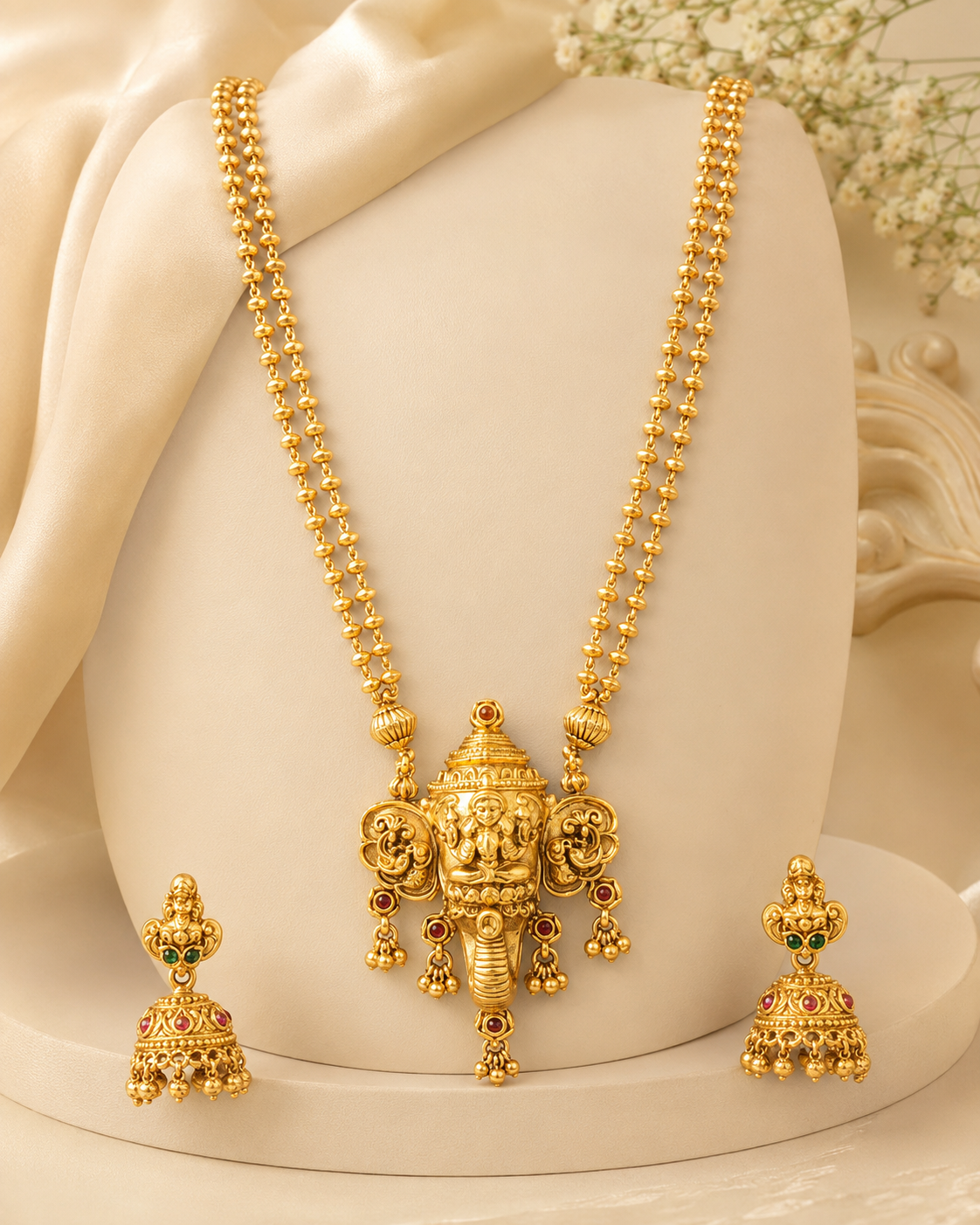 Gold Antique Ganesha Temple Long Necklace Set with Jhumkas | ONK76