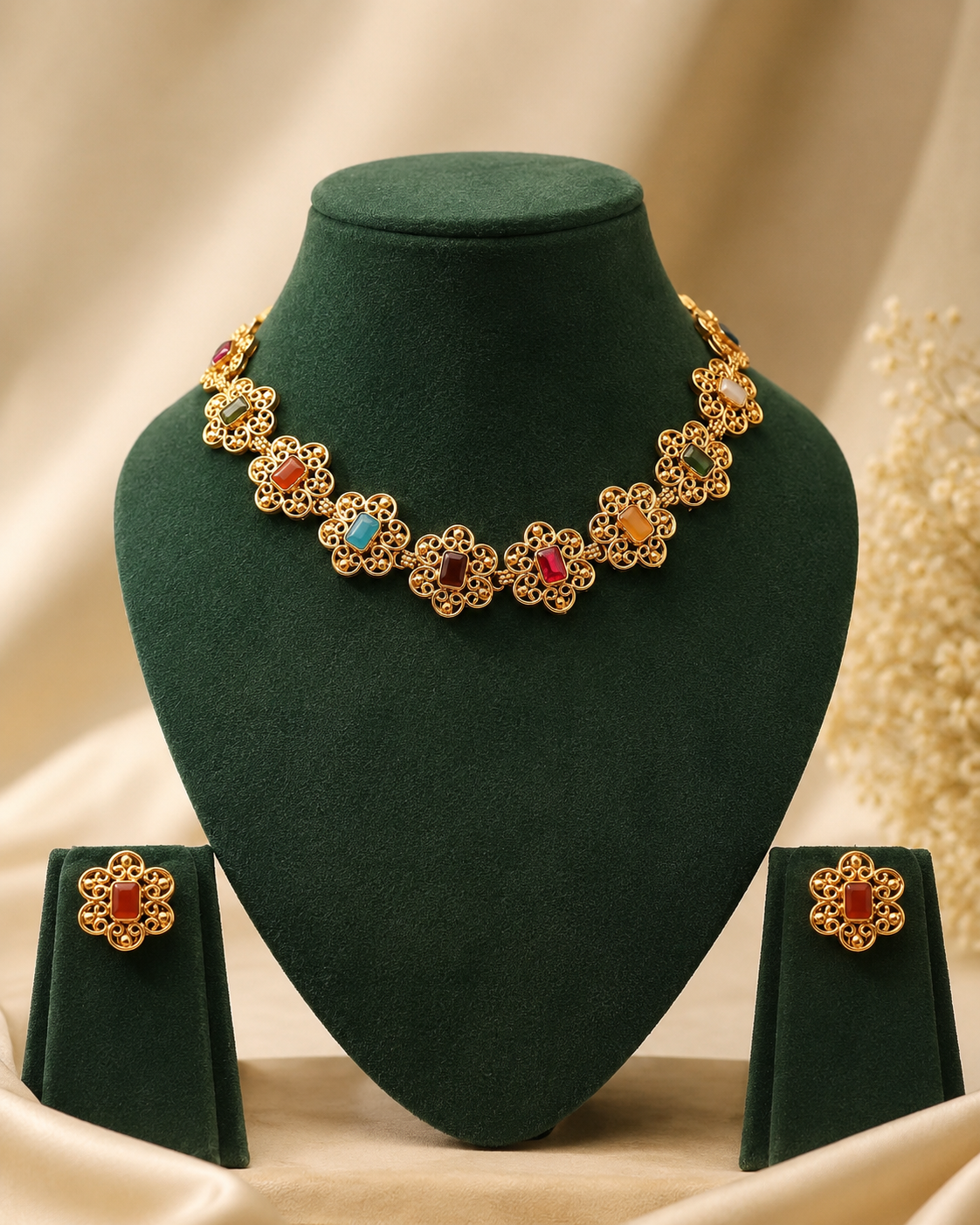 Gold Multicolour Navratan Filigree Floral Choker Necklace Set | ONK37