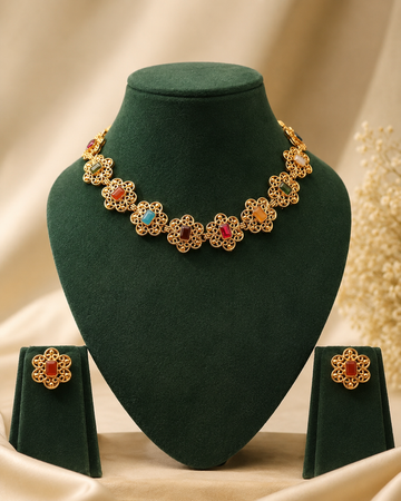 Gold Multicolour Navratan Filigree Floral Choker Necklace Set | ONK37