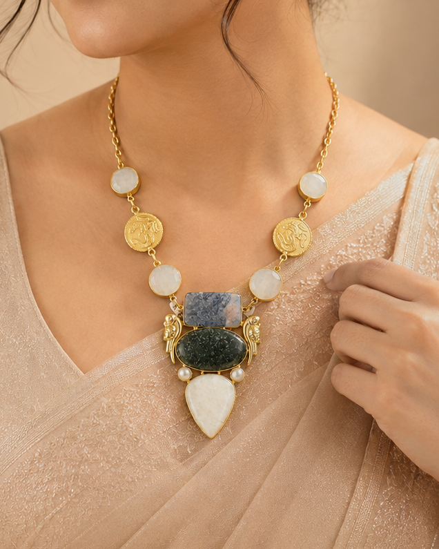 Gold Om Coin & Semi-Precious Stone Statement Necklace Set | T302502712