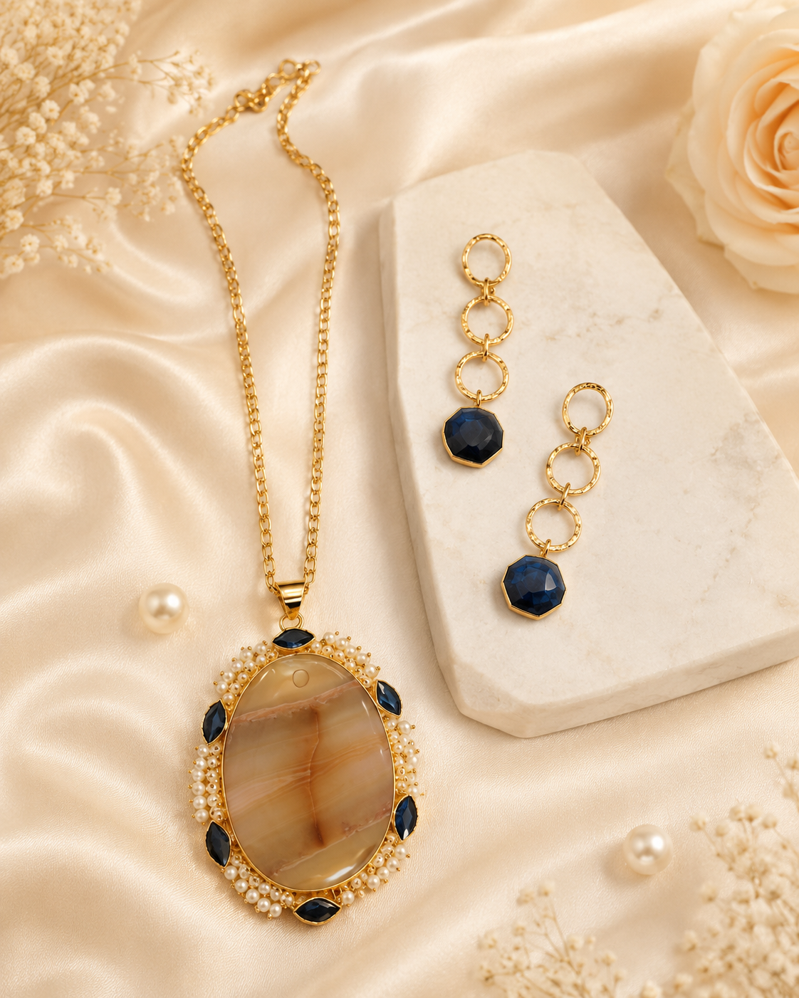 Oval Agate Pendant Long Necklace Set | Sapphire & Pearl | T302502711