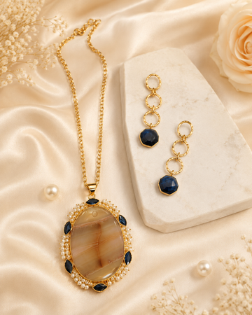 Oval Agate Pendant Long Necklace Set | Sapphire & Pearl | T302502711
