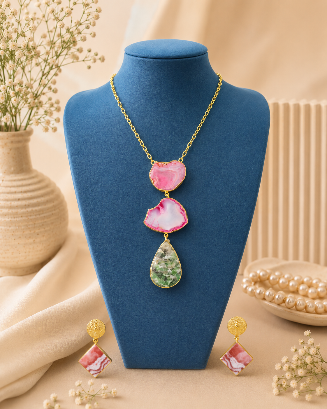 Triple Agate Slice Long Pendant Necklace Set with Earrings | T302502707