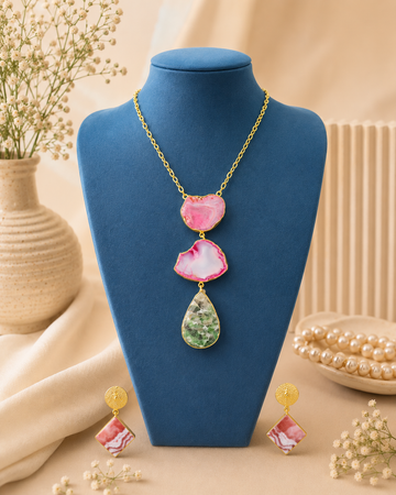 Triple Agate Slice Long Pendant Necklace Set with Earrings | T302502707
