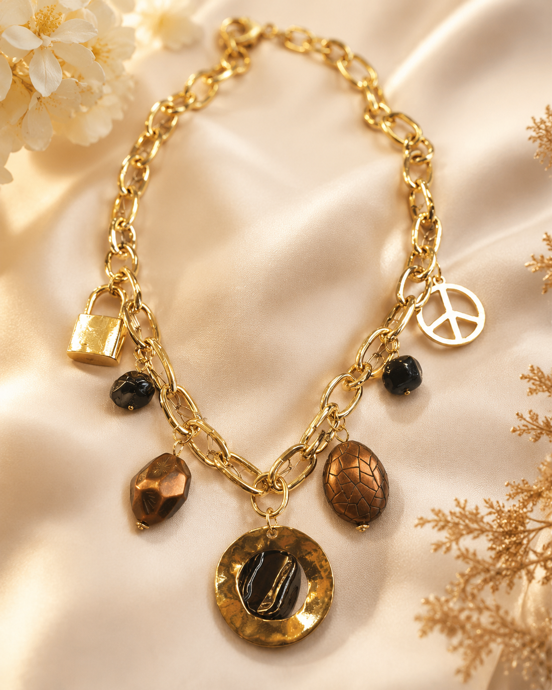 Gold Chunky Chain Multi-Charm Necklace | T302615433