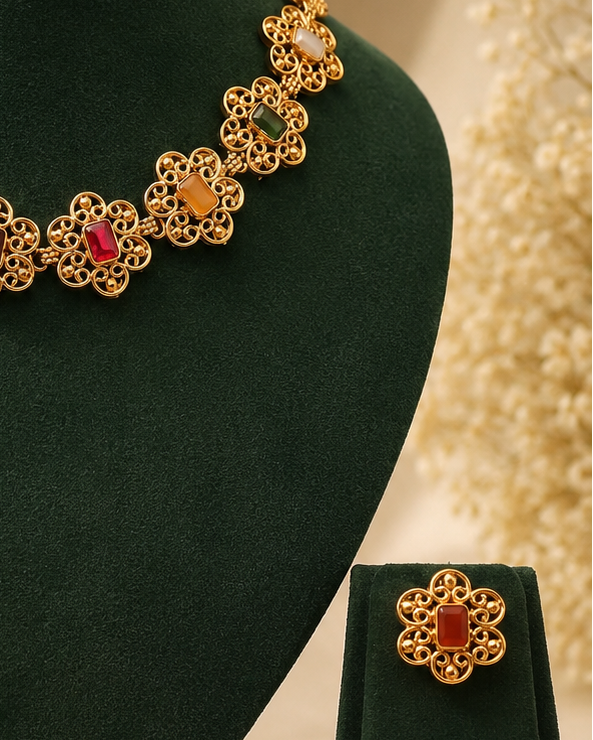 Gold Multicolour Navratan Filigree Floral Choker Necklace Set | ONK37