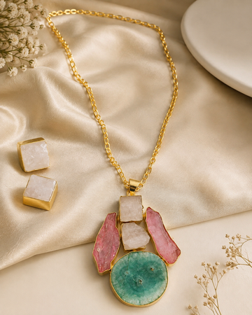 Raw Stone Cluster Long Pendant Necklace Set | T302502710