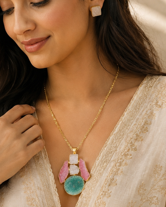Raw Stone Cluster Long Pendant Necklace Set | T302502710