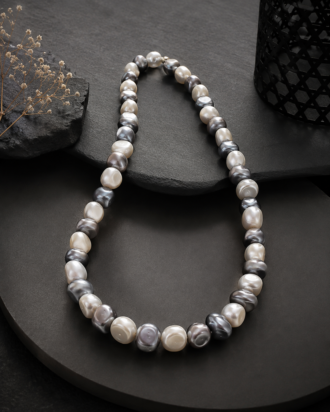 Two-Tone Baroque Pearl Necklace | White & Grey Freshwater Pearls | L2108294