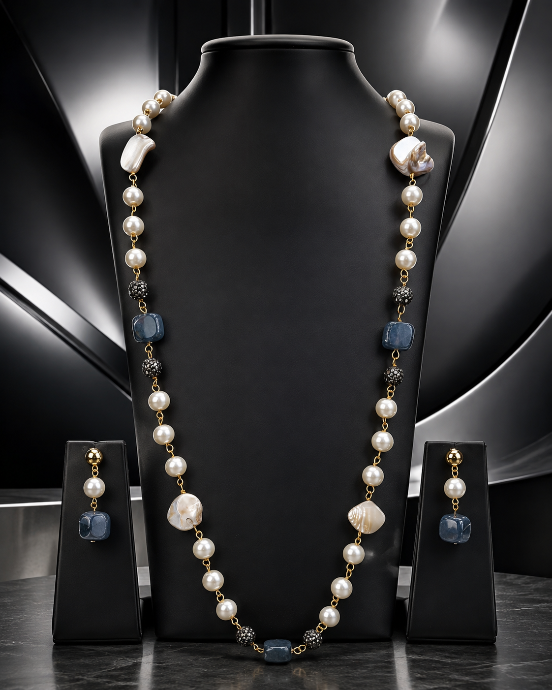 Long Pearl & Blue Agate Necklace Set with Crystal Pave Balls | L2108292