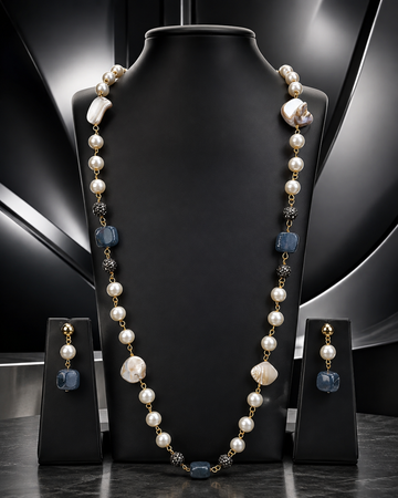 Long Pearl & Blue Agate Necklace Set with Crystal Pave Balls | L2108292
