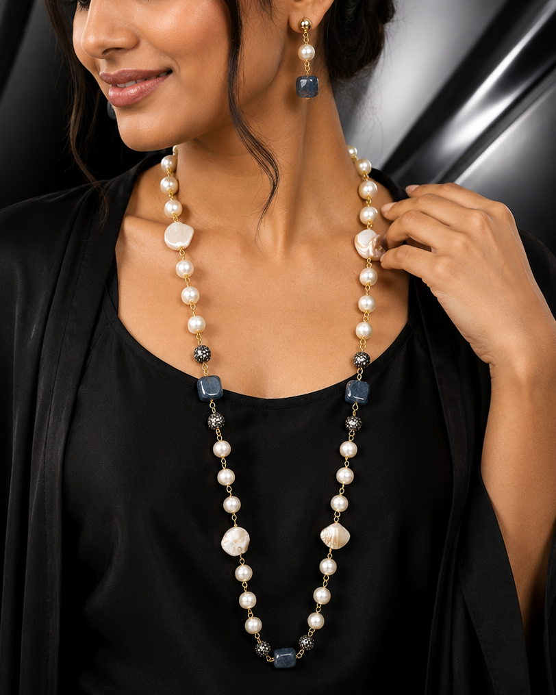 Long Pearl & Blue Agate Necklace Set with Crystal Pave Balls | L2108292