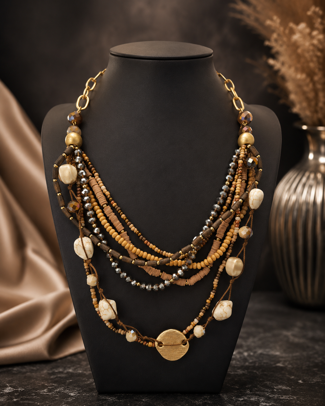Earthy Multi-Strand Seed Bead & Howlite Stone Necklace | S25038608
