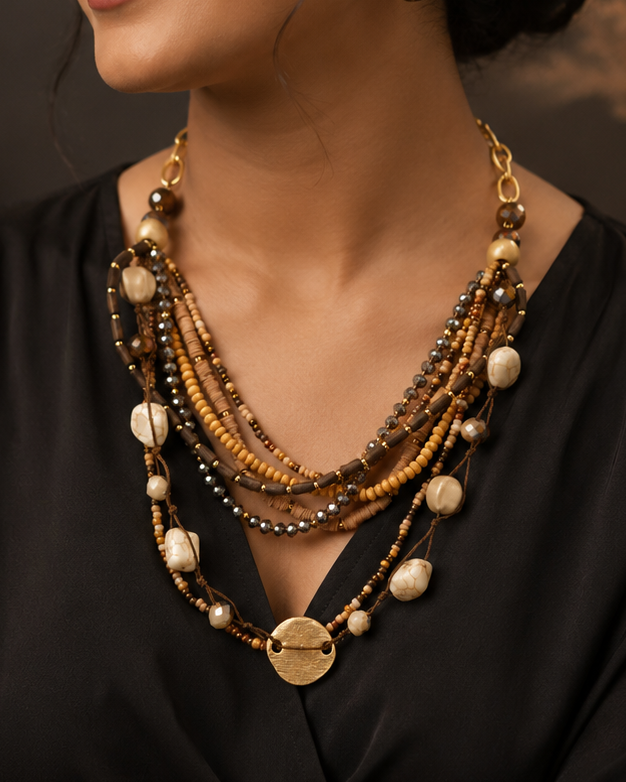 Earthy Multi-Strand Seed Bead & Howlite Stone Necklace | S25038608