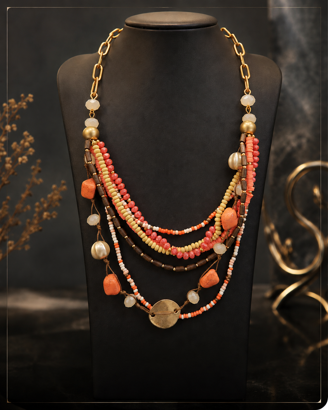 Earthy Multi-Strand Seed Bead & Howlite Stone Necklace | S25038608