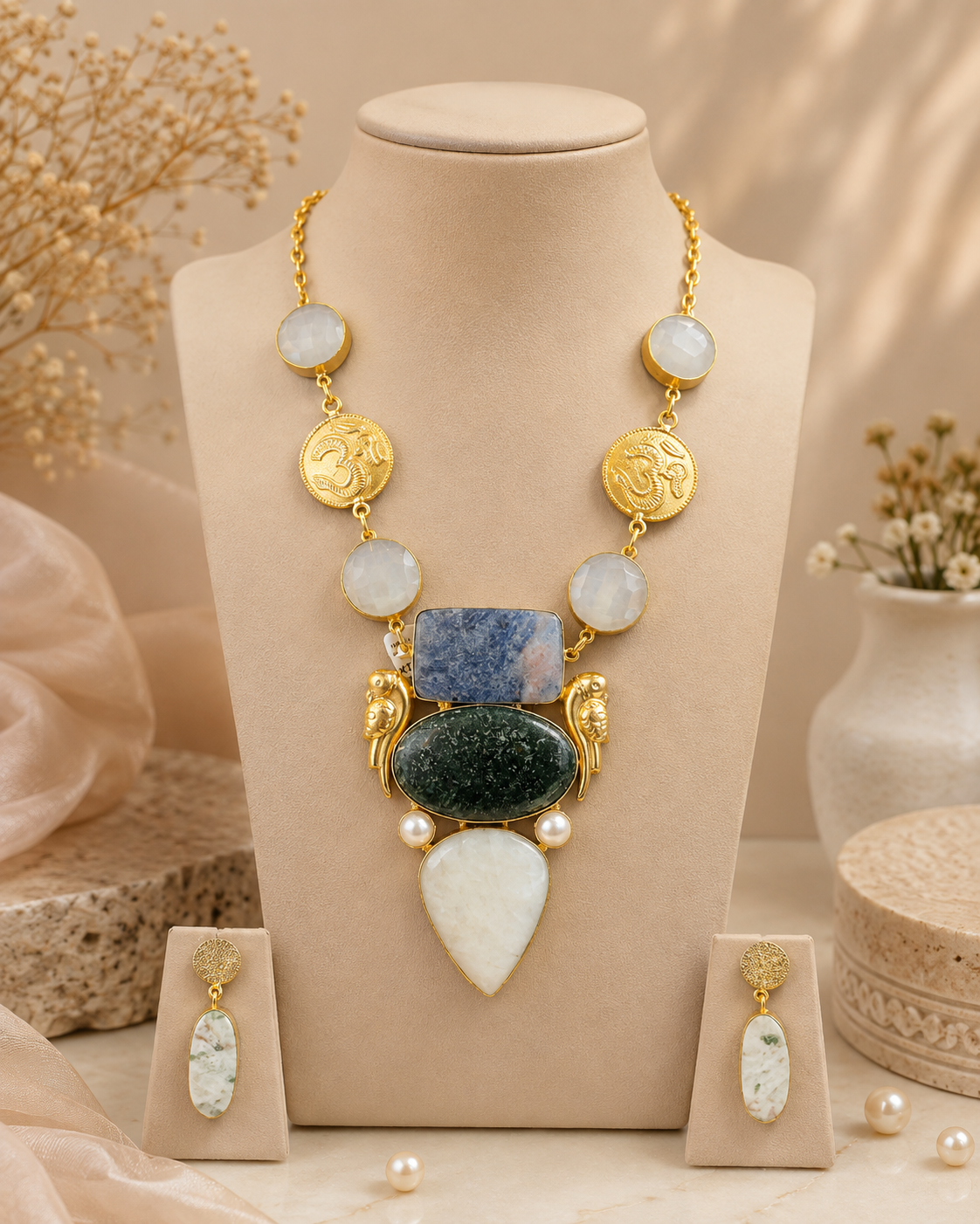 Gold Om Coin & Semi-Precious Stone Statement Necklace Set | T302502712