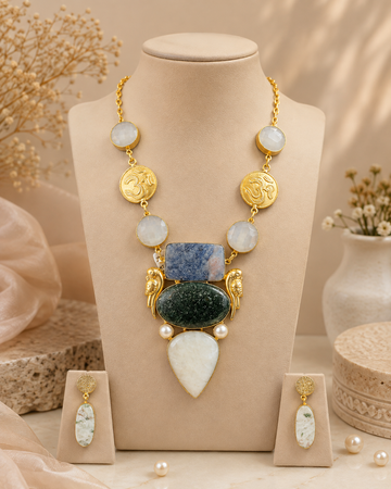 Gold Om Coin & Semi-Precious Stone Statement Necklace Set | T302502712