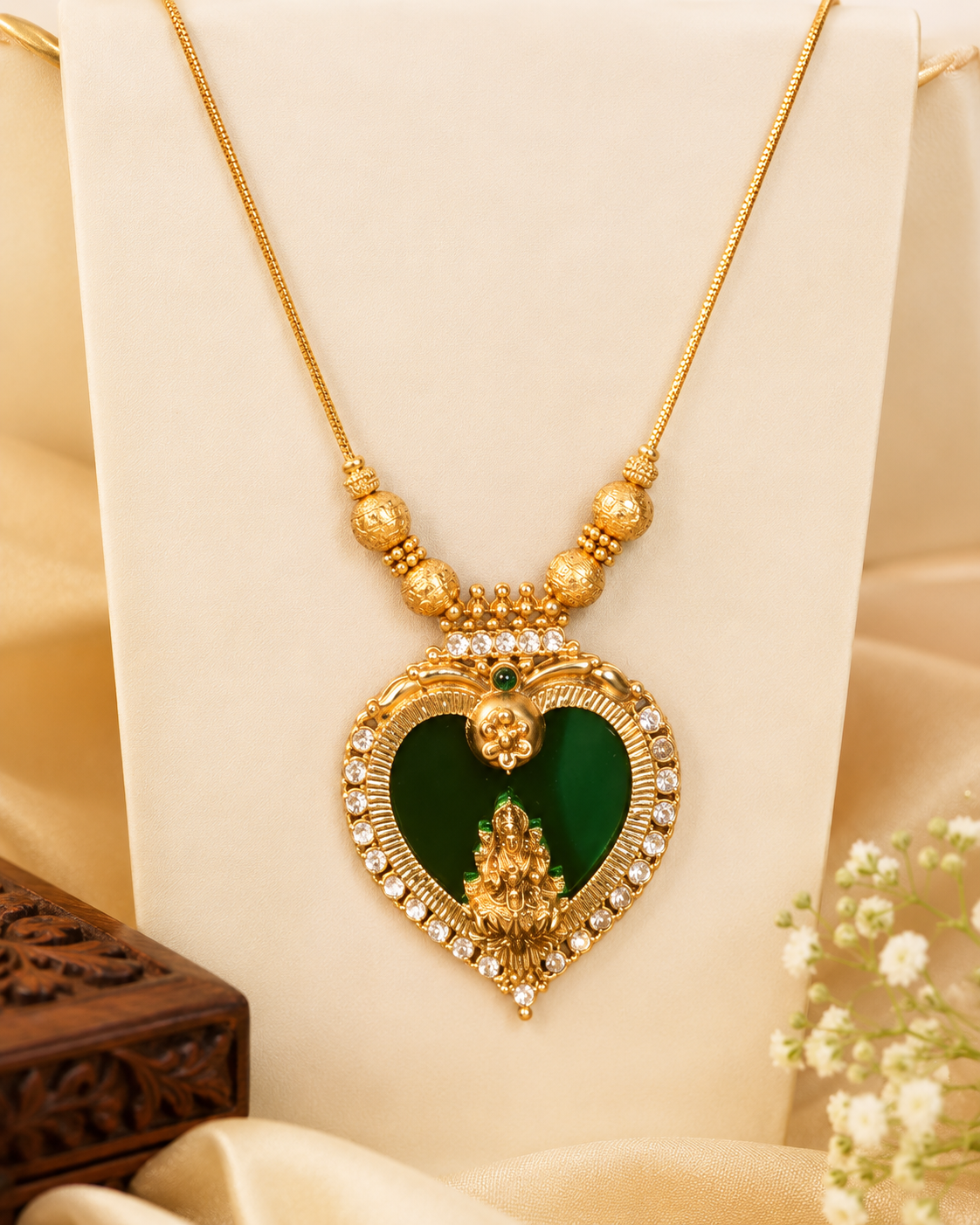 Antique Gold Nakshi Lakshmi Heart Pendant Long Necklace with Jade Green Mirror | L-14990