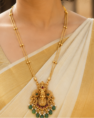 Antique Gold Nakshi Mukhambika Goddess Face Long Pendant Necklace Set with Jade | OL99